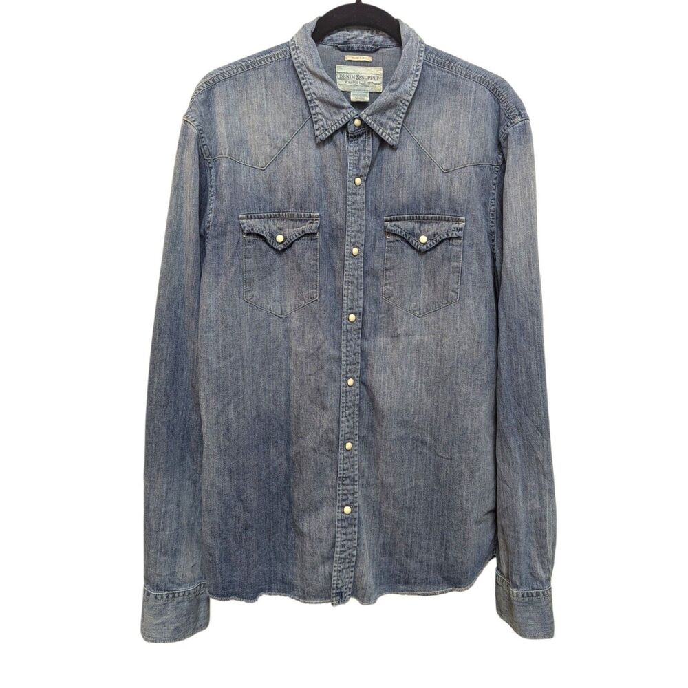 Ralph Lauren Denim & Supply Mens Size XL Blue Western Shirt Pearl Snap Slim Fit